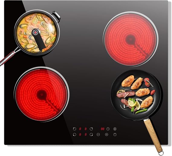 4 Zone Electric Hob, 59cm Ceramic Hob 6000W, Built-in 220V-240V Hard Wire | Touch Control, 99-Minute Timer, Safety Lock, Hot Warning, Overheating Protection 220V-240V Hard Wire