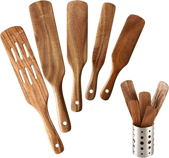 Wooden Spurtle Set for Cooking, 6 Pcs Natural Teak Spurtles Set with Stainless Steel Storage Barrel, Wood Kitchen Utensils Tools