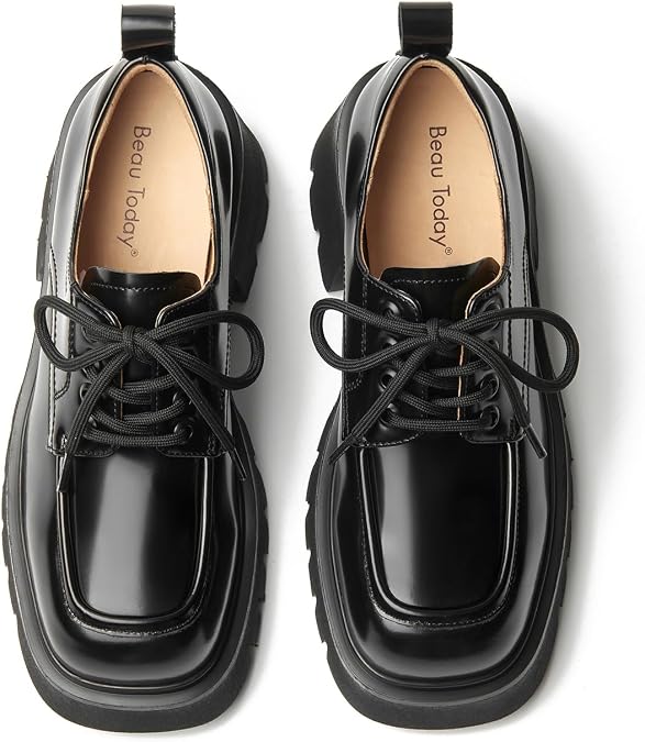BEAU TODAY Chunky Platform Oxford Shoes for Women - Classic Lace-Up Leather Comfortable Business Lug Sole Work Office Shoes