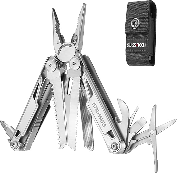 Swiss+Tech Multi-Function Pliers Outdoor Multi-Tool Multi-Pliers 16-in-1 with Lock Function Cutter Saw Driver Measuring Tape Bottle Opener File with Pouch for Outdoor DIY Climbing Camping Fishing