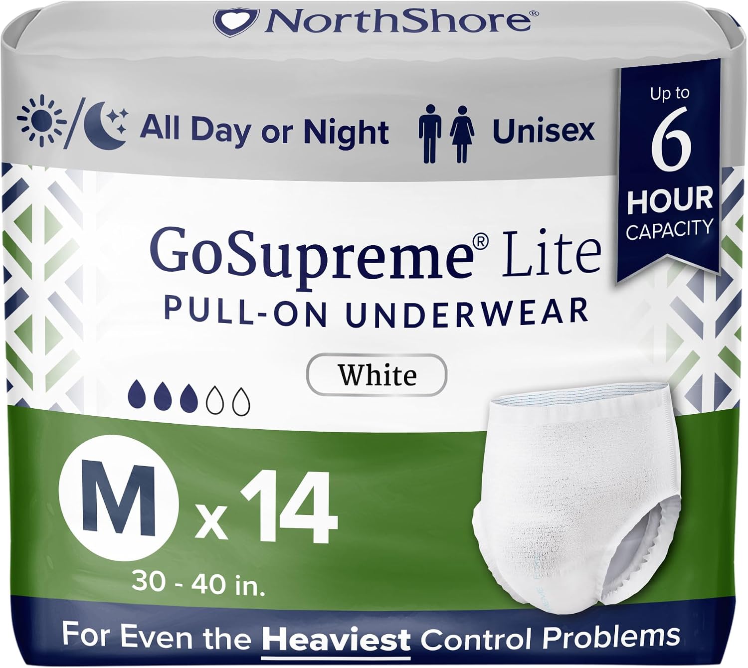 NorthShore GoSupreme Lite Incontinence Underwear, 6-Hour Pullup Style, Medium, 56 Count Case, Black, 30-40 inches, Unisex Adult Diapers