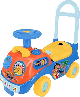 Kiddieland Lights & Sounds Adventure Ride-On, Disney Stitch Foot-to-Floor Vehicle with Interactive Dashboard, Push Handle, Seat Storage, Toddlers 1236 Months