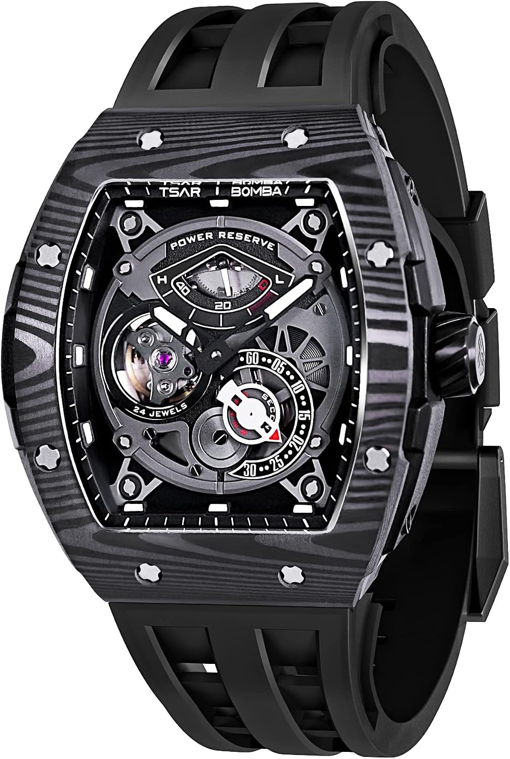 TSAR BOMBA Watches for Men Automatic Mechanical Mens Analog Watch Skeleton Wrist Watch Tonneau Watches Replica Gift Big Face Dial Cool Watch with Luminous Sapphire Crystal Case FKM Rubber Strap