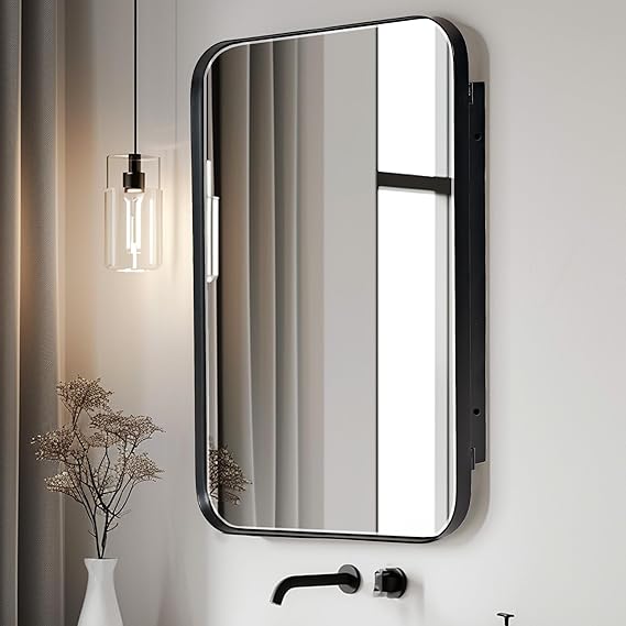 soges Black Medicine Cabinet Mirror with 2 Storage Shelves, 24x16 Recessed Medicine Cabinet with Mirror for Bathroom, Wall Mounted Deep Metal Framed Rounded Corner Rectangle