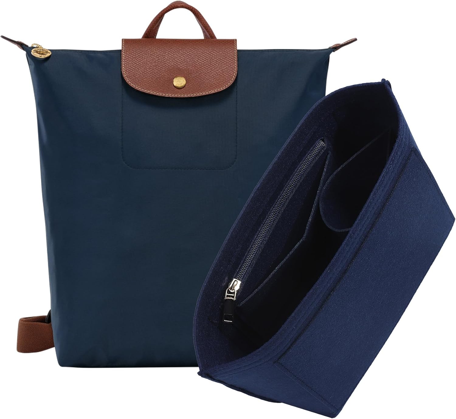 Purse Organizer Insert for Longchamp Le Pliage M Backpack, Felt Lightweight Long Champ Medium Backpack Divider Shaper with Cup Holder,Zipper Bags Inner Linner with 7 Deepened Pockets,M/Navy-blue