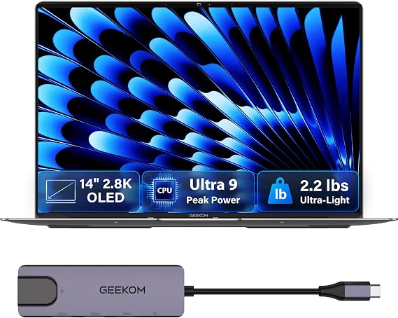 GEEKOM GeekBook X14 Pro Laptop, 2.2 lb Ultra Thin 14" 2.8K OLED Notebook | Ultra 9, 32GB LPDDR5x 7500MHz RAM 1TB SSD, Up to 16 Hours, 2X USB4, Intel Arc GPU, Fingerprint, Privacy Shutter, Windows 11