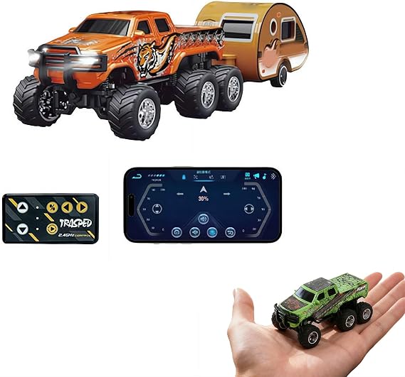 Mini Rc Truck,1/64 Scale Mini Remote Control Monster Truck with Trailer, 2.4Ghz Remote Control & APP, Rechargeable Alloy Shell RC Cars with Lights, Speed/Steering Adjustable (Orange)