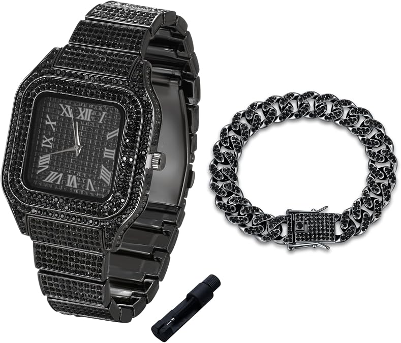 Halukakah Diamonds Watch Iced Out for Boy Teens Kids - 18K Real Gold/Platinum/Rhodium Black Plated,40mm Square Dial,Japanese Quartz - 8" Length - Optional with Cuban Link Chain,with Adjuster Tool