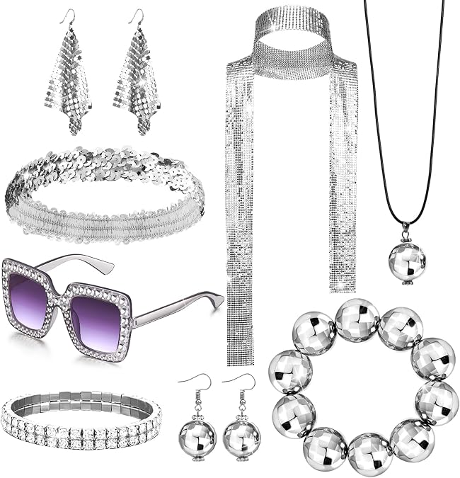 GIFIKOI 10 Pcs 70s Disco Accessories for Women Sequin Scarf Headband Shiny Tennis Bracelet Ball Necklace Earring Sun Glasses Disco Costume Set