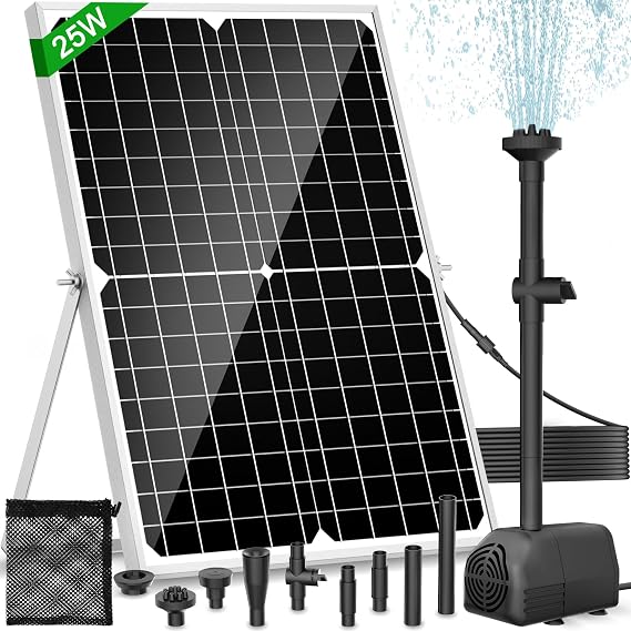 Solar Pond Pump, 25W Solar Fountain Pump with 1700L/H Flow & 4 Spray Styles, 16.5Ft Extendable Power Cord, Debris Barrier Bag for Outdoor Fountain, Ponds, Fish Tank, Waterfall, Garden Water Features