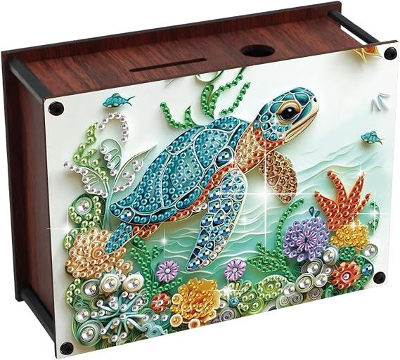 MVVMTOP Diamond Painting Kit Piggy Bank, DIY Turtle Wooden Money Storage Box Diamond Art Special Shape Partial Mosaic, Home Ornaments for Handicraft Enthusiasts Festival or Birthday Creative Gifts