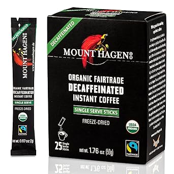 Mount Hagen 25 Count Single Serve Instant Decaf Coffee Packets - 1 Pack | Decaffeinated Organic Medium Roast Arabica Beans | Eco-friendly, Fair-Trade [1 x 25 sticks/1.76oz/50g]