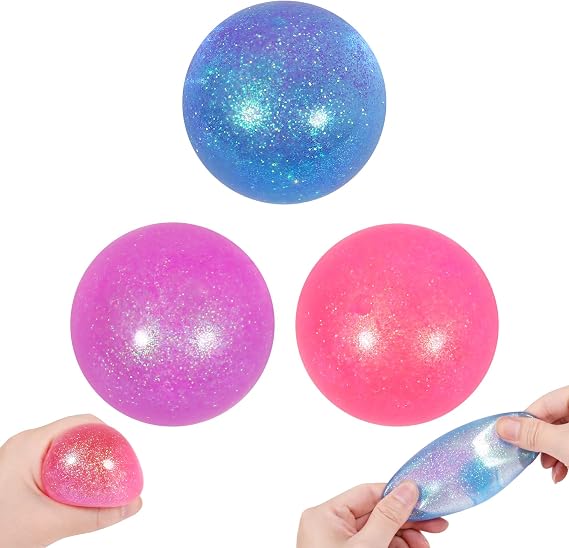 3pc 2.4in Stress Ball Squeeze Ball Glitter Slow Rise Squishy Stress Relief | squeeze Fidget Toys for Kids Adult, Party Favors Anxiety Relief