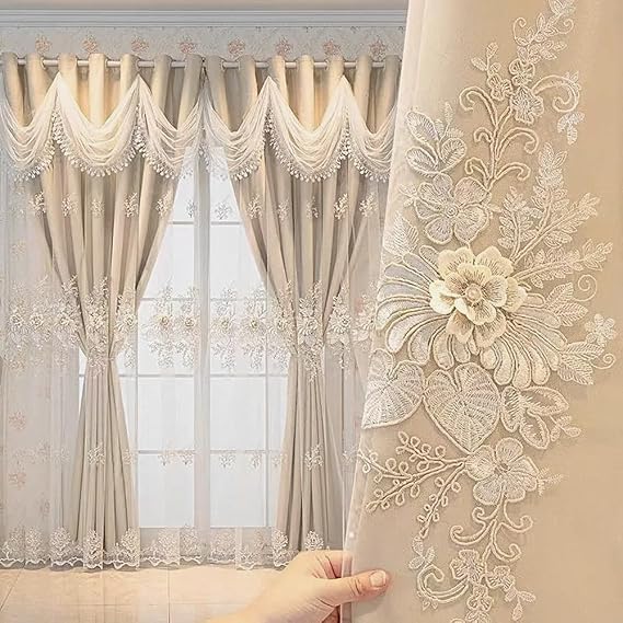Amidoudou 1 Pair Luxury European Curtains with Wavy Valance for Living Room Bedroom Double Layer Embroidered Curtains (Beige,52x84 Inch)