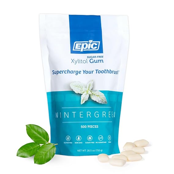 Epic Xylitol Wintergreen Gum, 500 Pieces | 1.06g xylitol per piece; aspartame free; non-GMO; vegan; supports dry mouth relief; for use after meals, coffee, or snacks