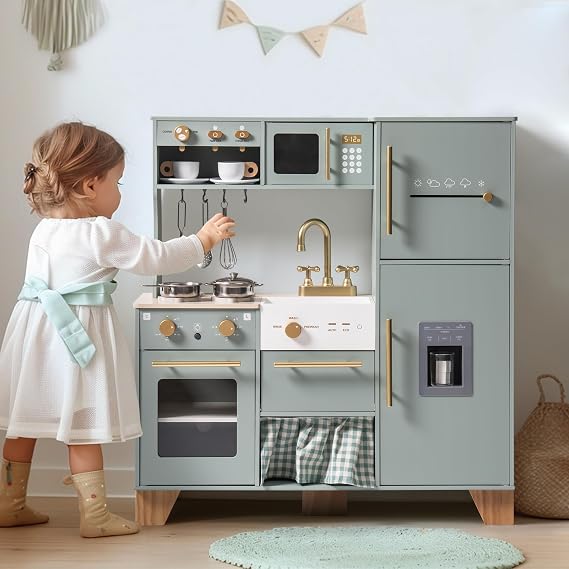 ROBOTIME Play Kitchen for Kids Toddlers, Wooden Pretend Play Kitchen Set Toy with Fridge, Ice Maker, Coffee Maker, Toys Kitchen Gift for 3 Year Old Kids, Girls & Boys