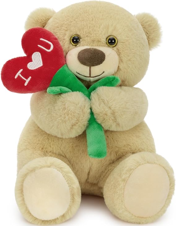 Teddy Bear Stuffed Animal, 9" Valentines Bear Plush with Heart-Shaped Flower, Soft Teddy Bear Plush with Embroidery I Love U, Stuffed Bear Toy Gift for Girlfriend Wife Kids, Wedding Decor