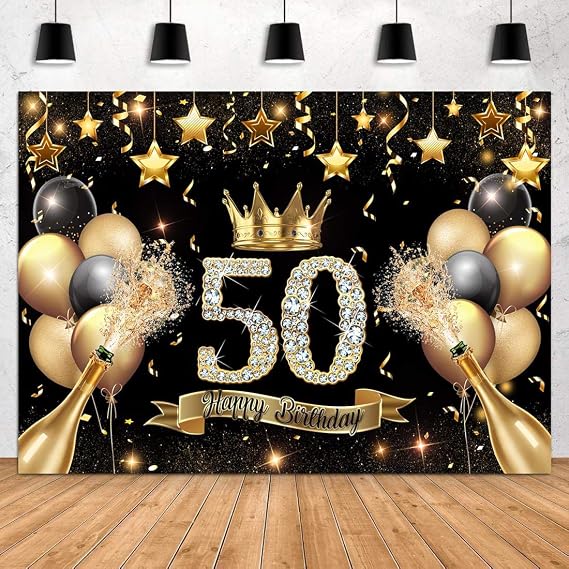 Withu Happy 50th Birthday Backdrop Banner Golden Glitter Sequins Balloons Photography Background Sparkling Diamond Fifty Years Old Birthday Party Fabulous Decoration Studio Props