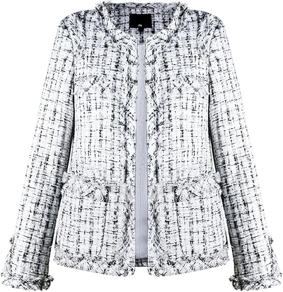 Women's Collarless Plaid Tweed Blazer Elegant Open Front Fringed Casual Business Glitter Jacket