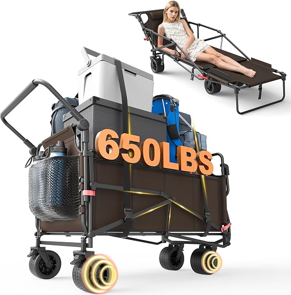 LEVELEVE Heavy Duty Folding Wagon - 2-in-1 Collapsible Cart, All-Terrain Wheels w/Brakes & Side Pockets (Brown, 650lb Capacity)