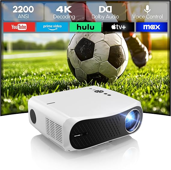 Smart Projector 2200ANSI Home Cinema with HDR10 4K Support, Auto Focus, WiFi6, Bluetooth 5.4, Android OS, HDMI ARC, DB Audio, Ideal for Home Cinema, Movie Nights, Yoga, Gaming Parties, Kid Cartoon