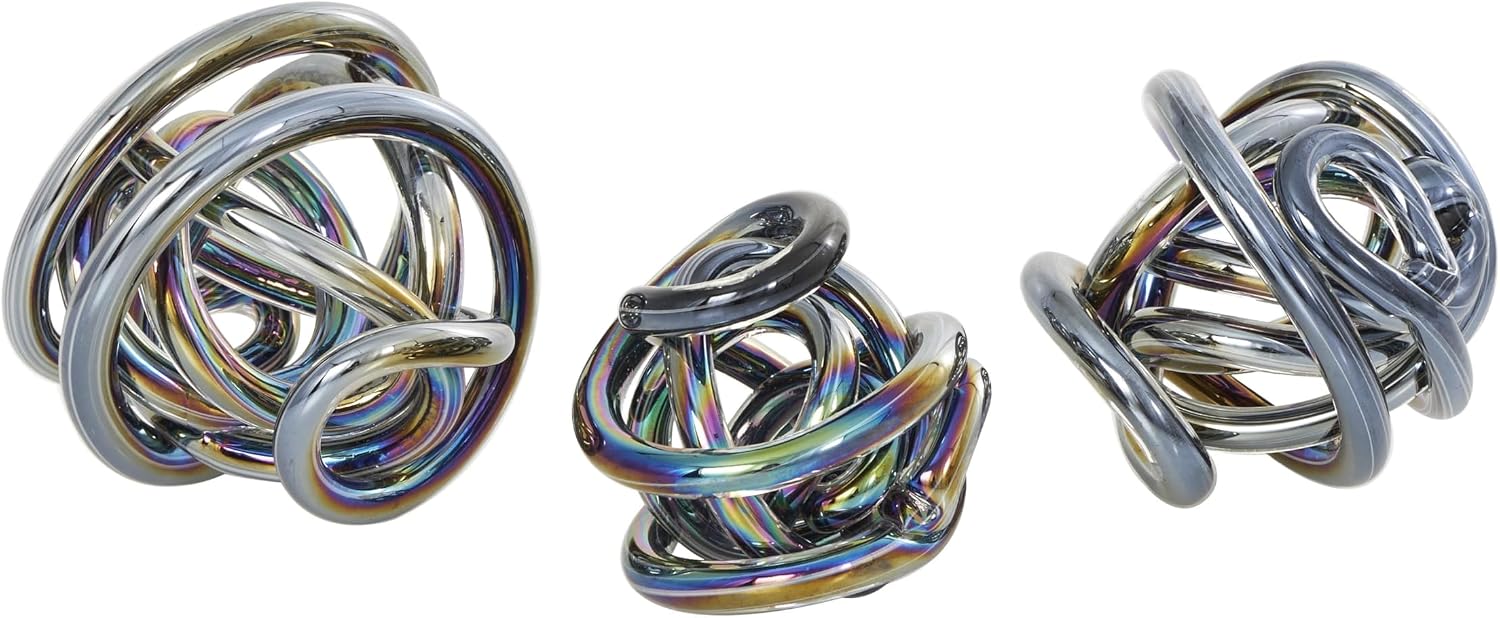 Deco 79 Glass Abstract Handmade Decorative Sculpture Iridescent Knotted Ball Home Decor Statues, Set of 3 Accent Figurines 5, 4, 4W, Dark Gray