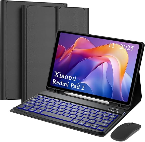 Detachable Keyboard Case with Wireless Mouse for Xiaomi Redmi Pad 2 11 inch 2025, 7 Colors Backlight Magnetic Keyboard Case for Redmi Pad 2 11 2025 with Pen Holder, 3 Angles Adjustment, Black
