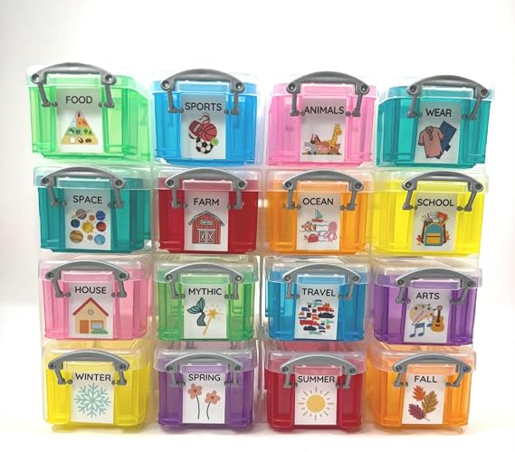 Say & Play Theme Objects Set, 200+ Sorting Trinkets | Labeled Storage Boxes, 16 Themes, From Speech and Smile