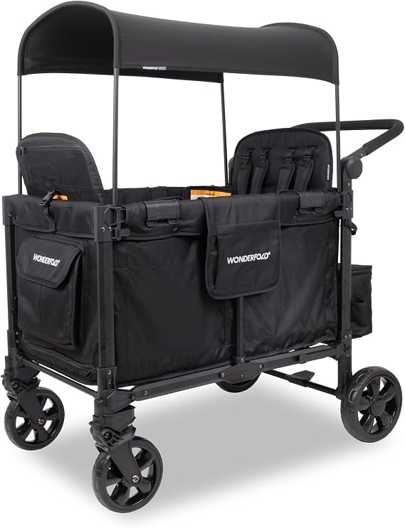 WONDERFOLD W4 Elite Pro Stroller Wagon (4 Seater) - Collapsible Wagon Stroller with Seats with 5-Point Harnesses, Adjustable Push Handle, and Adjustable Sun Canopy, Jet Black
