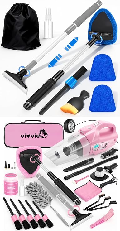 Windshield Cleaner Tool4 in 1 Car Cleaning KitCar Interior Cleaning Kit with Extendable Handle and 3 Reusable Microfiber Pads, Auto Glass Wiper and Detailing Brush Kit for Car & Home Window, Blue