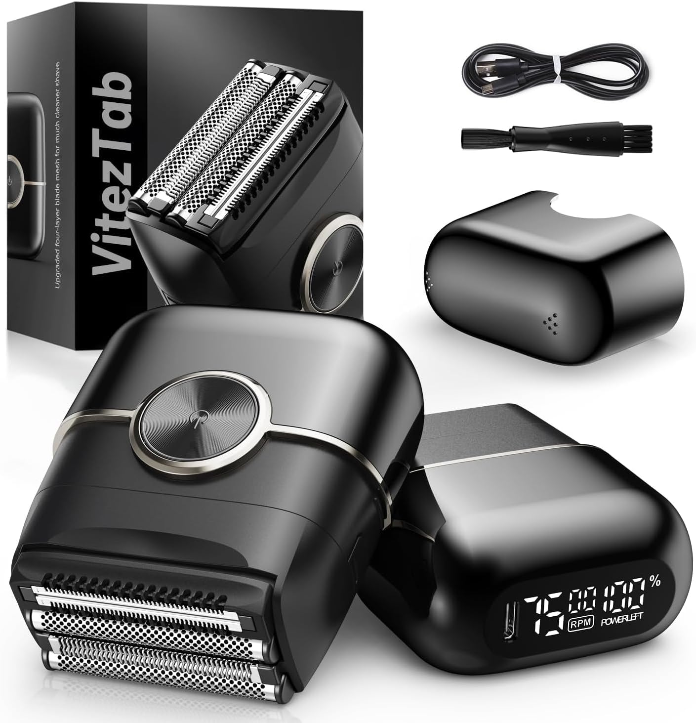 Foil Shaver Electric Razor: Mini Electric Shaver for Men with 4 Floating Blades, 2 Gears Adjustable, IPX7 Waterproof, Big LED Display, USB-C