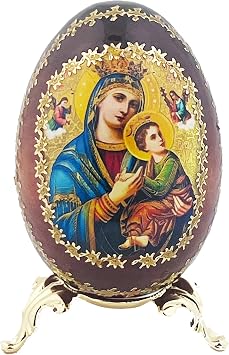 Religious Gifts Russian Wooden Icon Egg Image of Our Lady Perpetual Help and Christ on Wooden Egg Stand Holder 6 Inch