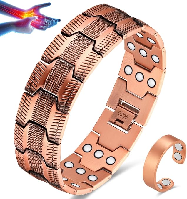 Vicmag Copper Bracelets for Men 99.9% Pure Copper Gift with Adjustable Tool Bracelet & Ring Set Bracelet Set, 8.85 Inch, Metal, No Gemstone
