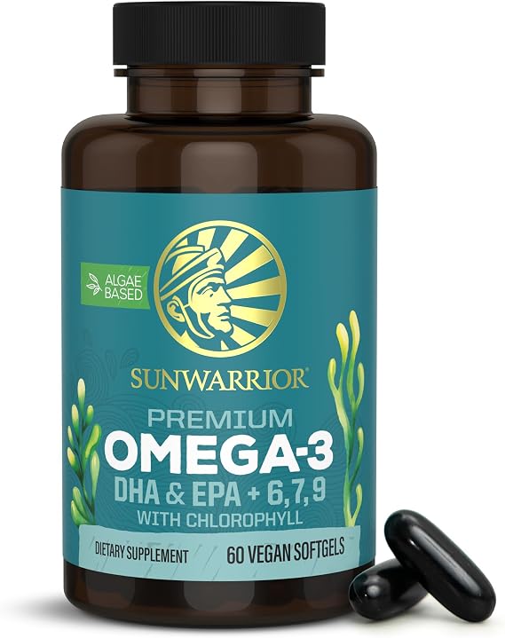 Sunwarrior Vegan Omega 3 DHA & EPA Supplement Algal Oil Preferred Alternative to Fish Oil Supports Brain Eye Joint & Heart Health (60 Count)