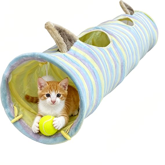 Cat Tunnel for Indoor Cats, Cute Cat Toy Tunnel for Small Large Cats, 45" Straight Cat Tunnel Toys with Balls & Crinkle Paper Ears Collapsible Peekaboo Cave for Kitten, Diameter 9.8" (Colorful Stripe)