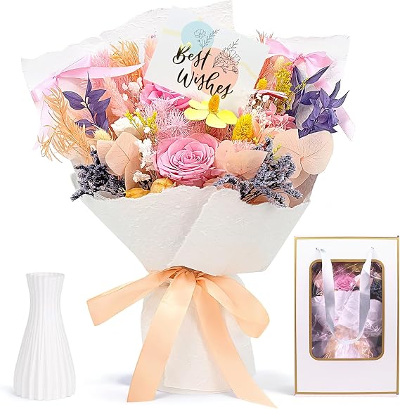 Preserved Flowers Bouquet for Delivery, Pink Rose Flowers for Her Birthday Gifts for Mom Wife Grandma Sister Girlfriend, Forever Flowers Anniversary Valentines Mothers Day