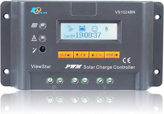 EPsolar Solar Charge Controller 10A 12V 24V Auto Work PWM Solar Panel Controller ViewStar VS1024BN with LCD Display Common Negative Grounding for Sealed, Gel, Flooded, and User Type (VS1024BN)