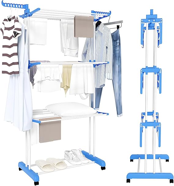 Drying Rack 3 Tier Foldable Clothes Rack Drying Rack Portable Indoor and Outdoor Rolling Clothes Rack with Foldable Wings and Casters for Bedroom