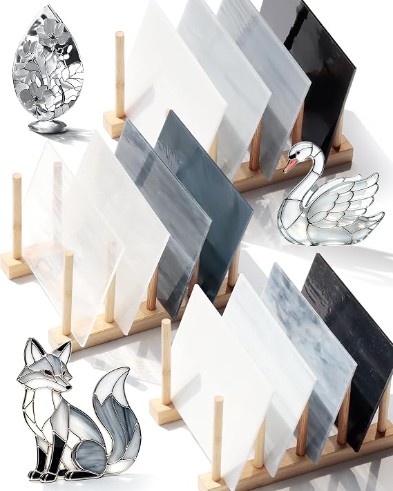 FIVEIZERO 12 Sheets Black White Gray Stained Glass 4x6 Inch Neutral Tiffany Glass for Mosaic Art, Suncatchers, Fused Glass, Window Panels & DIY Crafts Stained Glass Supplies