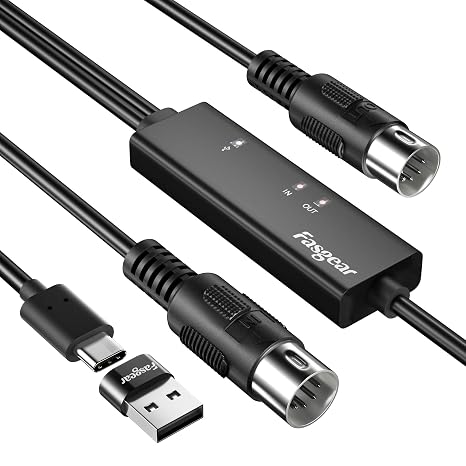 Fasgear USB C MIDI Cable, 6ft, Black | Type C to In-Out MIDI, MIDI to USB C Interface Converter, For Music Keyboard Piano to PC Laptop, Windows, Android, Mac OS