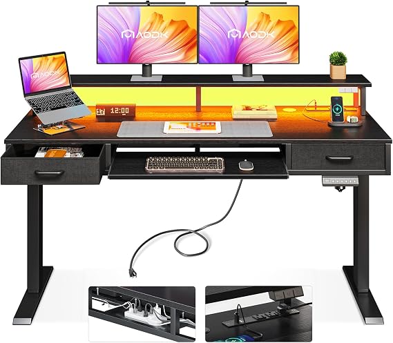 AODK 55 Inch Electric Standing Desk with Drawers & Keyboard Tray, Black | Power Outlet, LED Lights, Monitor Stand, Cable Management Tray, 3 Memory Heights, 29.9"-46.1" in Range