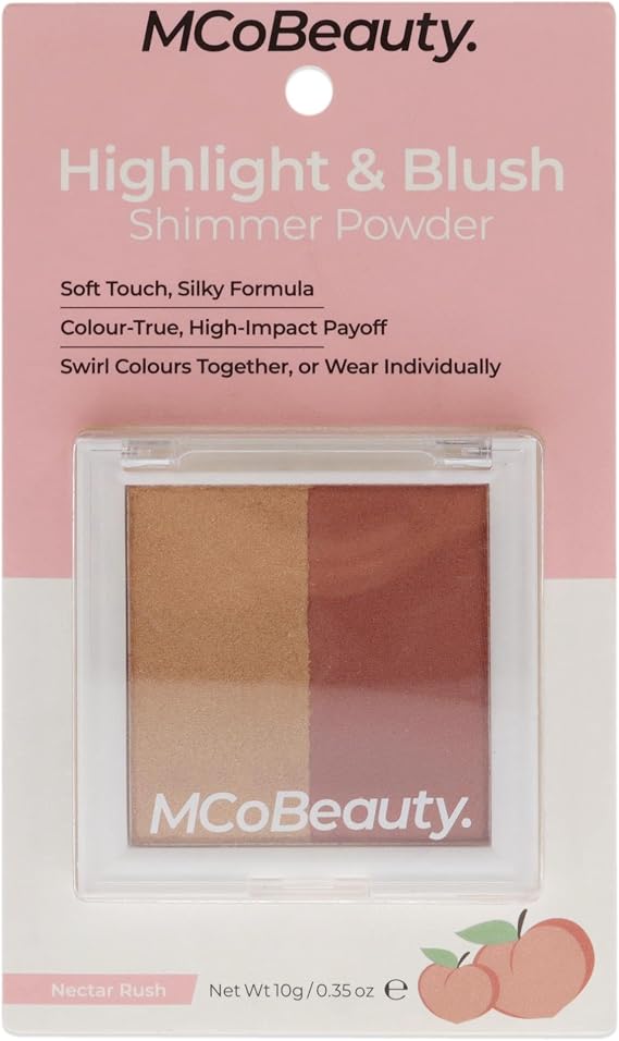 MCoBeauty Highlights and Blush - Two-Tone Powder Duo - Gorgeous Flash of Shine and Color - Satin Blush and High Shine Highlighter - High Blend - Long Lasting - Nectar Lash - 0.75 oz