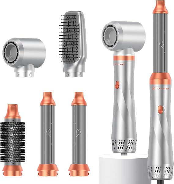 5 in 1 Blow Dryer Brush,110-120V Hair Dryer Brush, Fast Drying & 3 Adjustable Temperatures Hot-Air Hair Brushes, Detachable Hair Styler Set for Curling/Volumizing/Straightening/Styling (Silver-Orange)