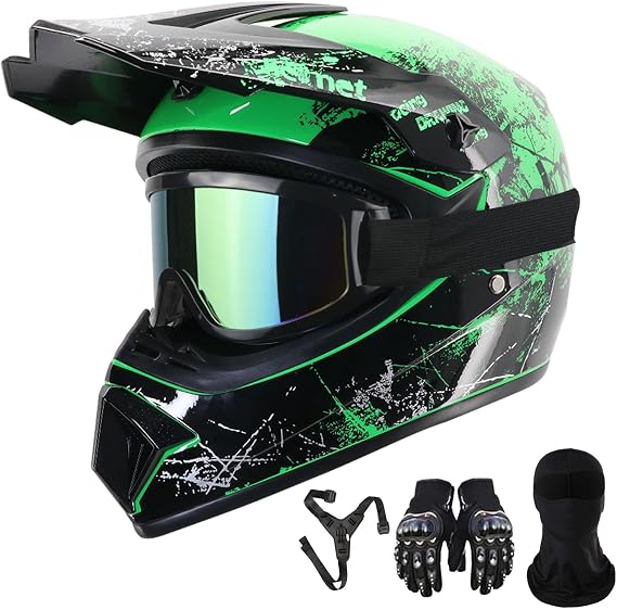 Dirt Bike Helmets Motorcycle Helmet Youth ATV Motocross Full Face Men Women Off-Road Mountain Bike Helmet Adult with(Gloves Goggles Mask Chin Mount) DOT Approved 5Pcs Set