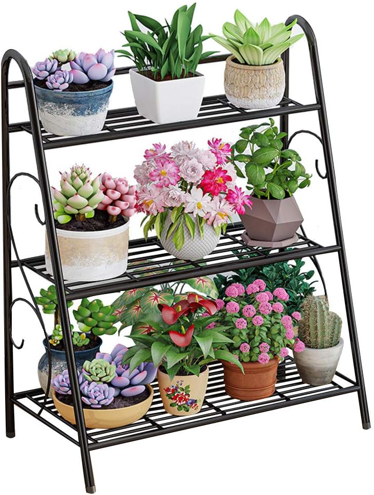 Flower Stand 3-Tier Multi-Function Storage Rack Iron Garden Rack Storage Shelf Outdoor Indoor Veranda Plant Pot Easy Assembly 24.812.228.3 inches