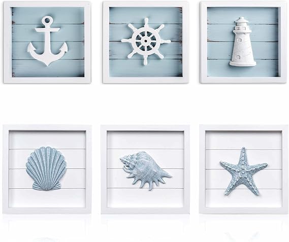 TideAndTales Nautical Wall Decor & Blue Seashells, Starfish with 3D Anchor, Lighthouse & Ship Wheel, Rustic Beach Bathroom Ocean Home Decoration, Coastal Theme Nautical & Ocean Inspired Beach, Set of
