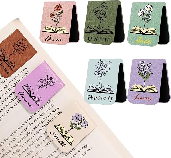 Custom Leather Magnetic Bookmark Clip with Engraved Name & Birth Flower, Custom Gift for Book Lovers, Birthday/Christmas Present for Bookworms Women Men Teachers (Birth Month Flower)