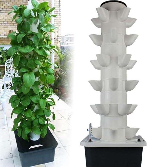 Hydroponic Tower Garden, Hydroponic System, Indoor Herbs, Fruits and Vegetables - Aerobonic Tower with Hydration Pump, Adapter, Net Pot, Timer Size: 30holes