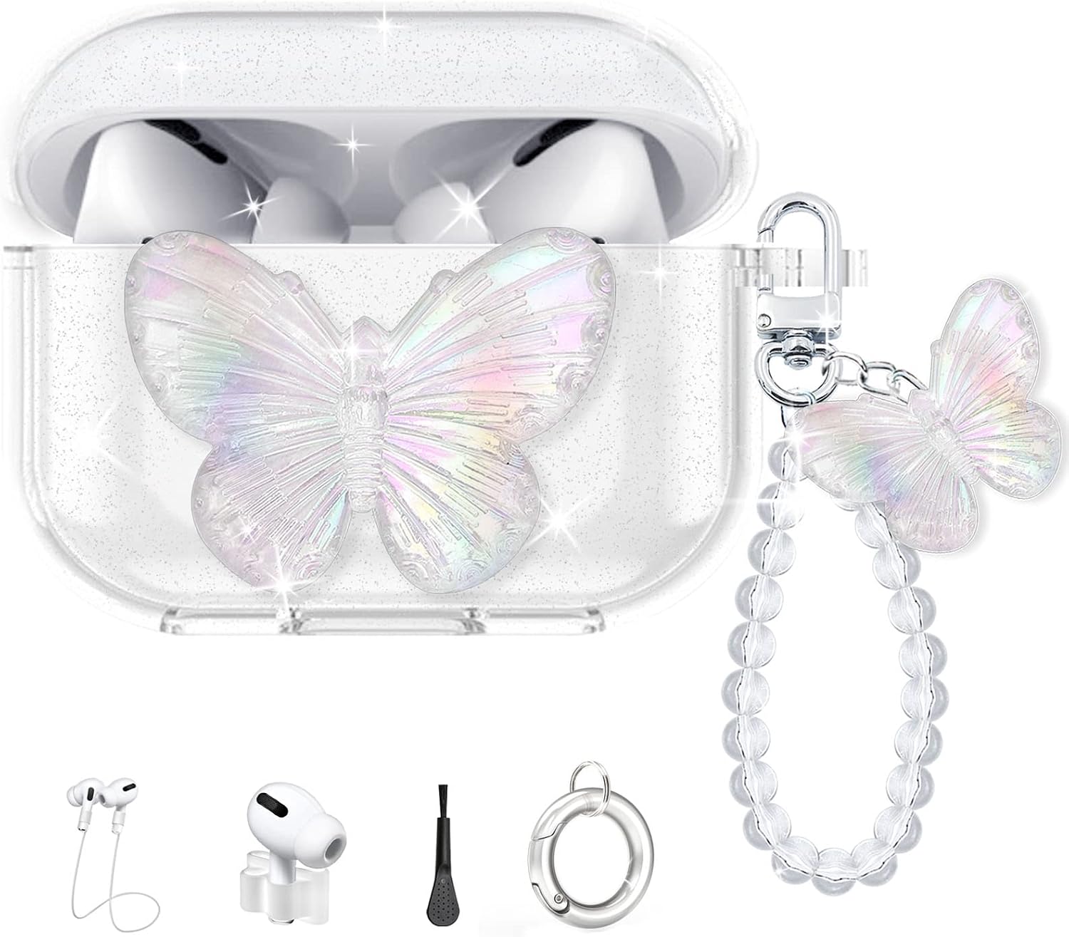 Cute AirPods Pro Case Cover, Clear Glitter butterfly Airpod Case with butterfly Pearl Wrist Keychain for Girls Women,Cartoon Soft TPU Shockproof Protective Accessories Set for AirPod Pro Charging Case
