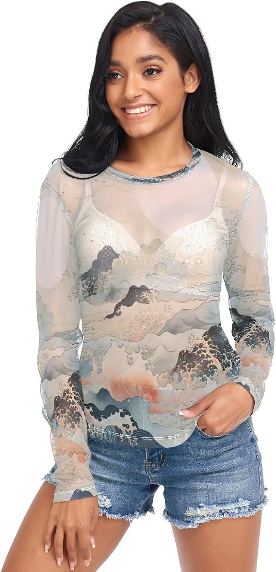 Chinese Style Painting Women's Sexy T-Shirts Long Sleeeve Mesh Shirt Ice Silk See Through Top Blouse